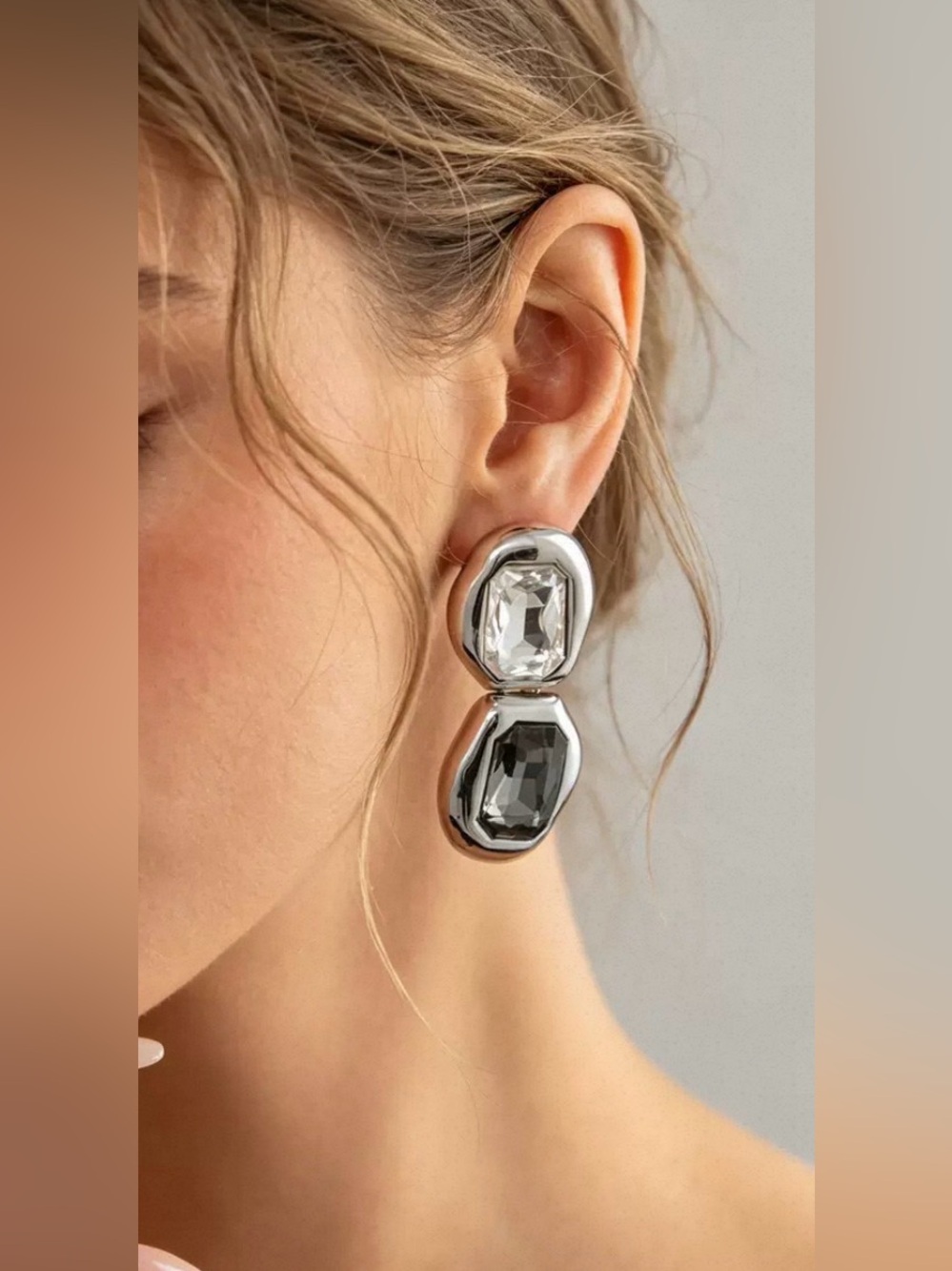 Zara Silver Drop Earrings with Clear and Gray Crystal Stones E008